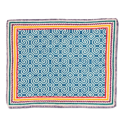 Icaro-Carpet-handmade-rectangle-white-blue-yellow-yawanawa-huni-kuin-Nukini-Jungle-brazil