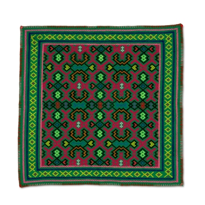 Icaro-Carpet-handmade-square-green-pink-yawanawa-huni-kuin-Nukini-Jungle-brazil