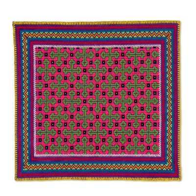 Icaro-Carpet-handmade-square-pink-green-blue-yawanawa-huni-kuin-Nukini-Jungle-brazil